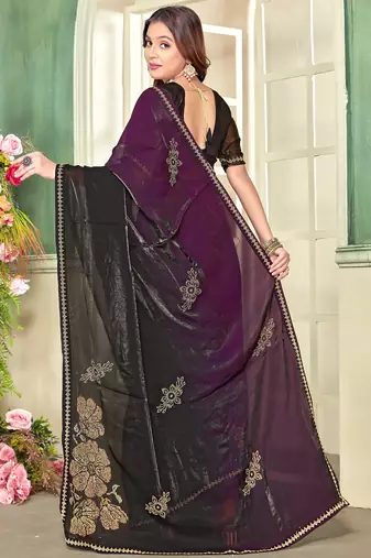 Purple half n half satin silk party wear wedding saree with matching blouse piece