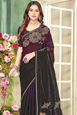 Purple half n half satin silk party wear wedding saree with matching blouse piece 4