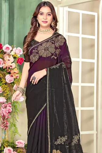 Purple half n half satin silk party wear wedding saree with matching blouse piece