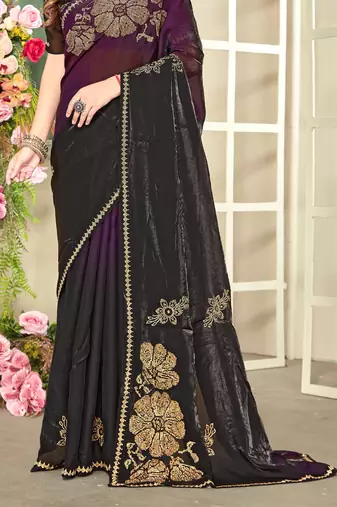 Purple half n half satin silk party wear wedding saree with matching blouse piece