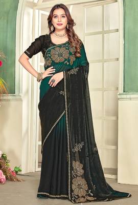Green half n half satin silk party wear wedding saree with matching blouse piece 1