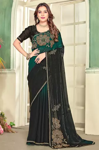 Green half n half satin silk party wear wedding saree with matching blouse piece