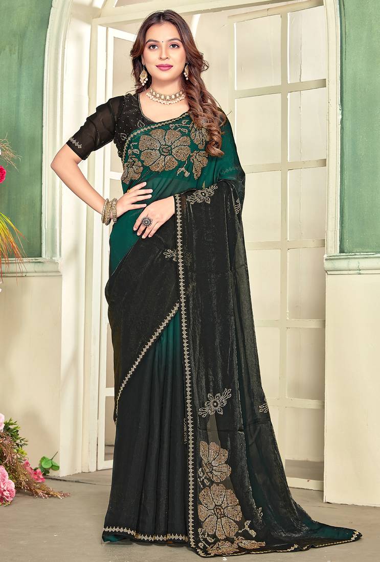 Green half n half satin silk party wear wedding saree with matching blouse piece