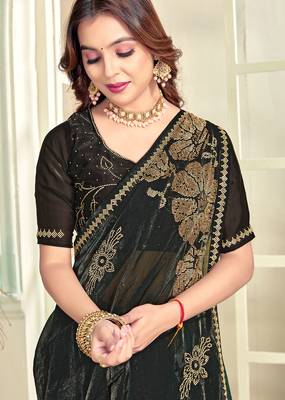 Green half n half satin silk party wear wedding saree with matching blouse piece 2