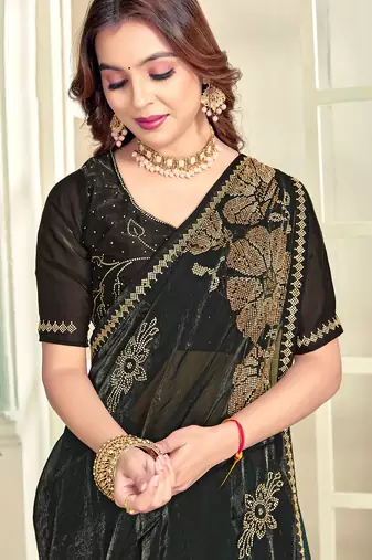 Green half n half satin silk party wear wedding saree with matching blouse piece