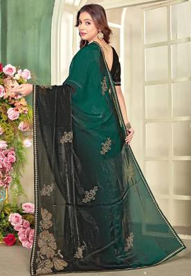 Green half n half satin silk party wear wedding saree with matching blouse piece 3