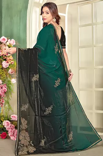 Green half n half satin silk party wear wedding saree with matching blouse piece