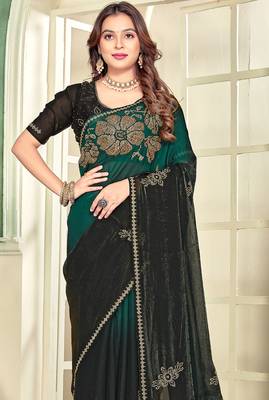 Green half n half satin silk party wear wedding saree with matching blouse piece 4