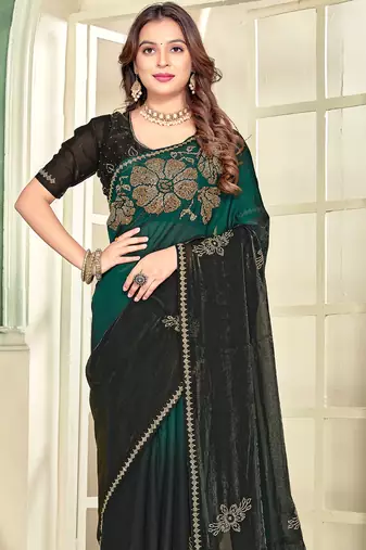 Green half n half satin silk party wear wedding saree with matching blouse piece