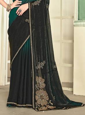 Green half n half satin silk party wear wedding saree with matching blouse piece 5