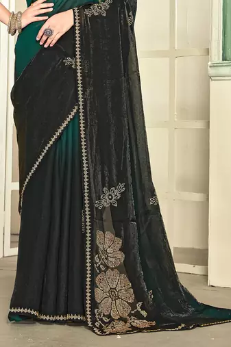 Green half n half satin silk party wear wedding saree with matching blouse piece
