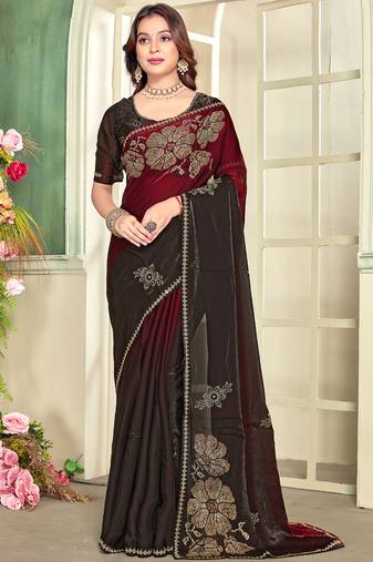Maroon half n half satin silk party wear wedding saree with matching blouse piece