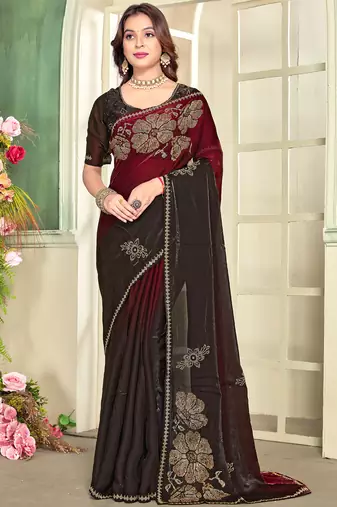 Maroon half n half satin silk party wear wedding saree with matching blouse piece