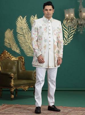 cream computer thread work on art silk 3 peice indo western set for men  3