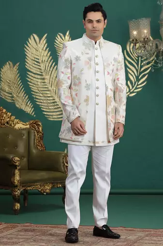 cream computer thread work on art silk 3 peice indo western set for men 