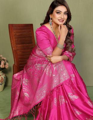 Rani Pink Handloom Zari Woven Satin Silk Sarees  1