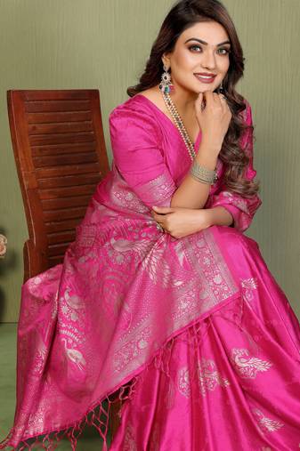 Rani Pink Handloom Zari Woven Satin Silk Sarees 