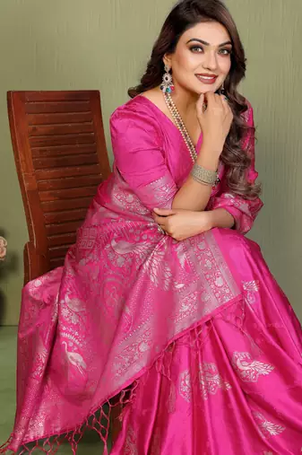 Rani Pink Handloom Zari Woven Satin Silk Sarees 