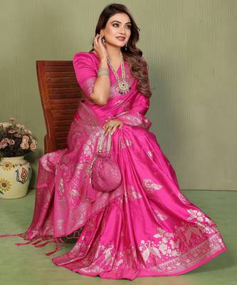Rani Pink Handloom Zari Woven Satin Silk Sarees  2