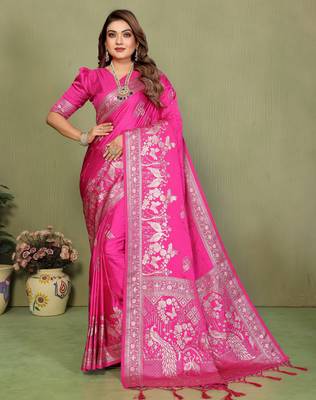 Rani Pink Handloom Zari Woven Satin Silk Sarees  3