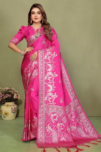 Rani Pink Handloom Zari Woven Satin Silk Sarees 