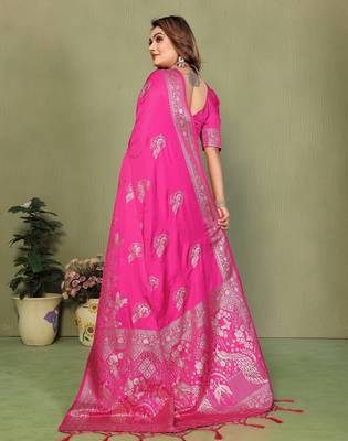 Rani Pink Handloom Zari Woven Satin Silk Sarees  4
