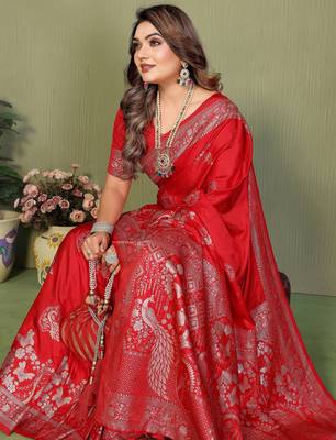 Red Color Handloom Zari Woven Satin Silk Sarees  1
