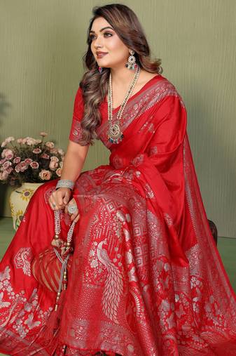 Red Color Handloom Zari Woven Satin Silk Sarees 