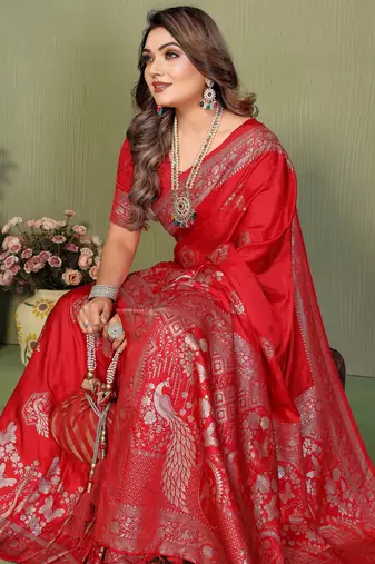 Red Color Handloom Zari Woven Satin Silk Sarees 