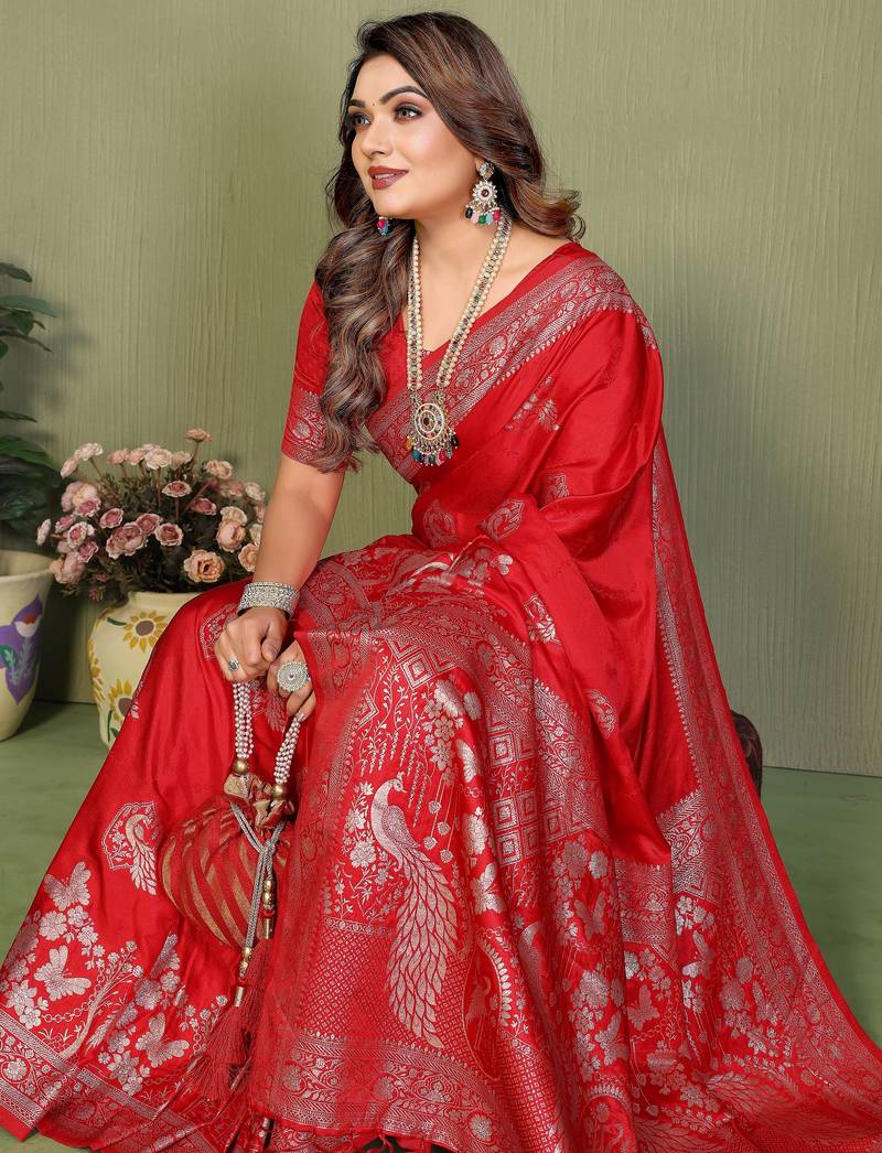 Red Color Handloom Zari Woven Satin Silk Sarees 