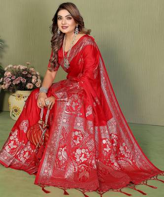 Red Color Handloom Zari Woven Satin Silk Sarees  2