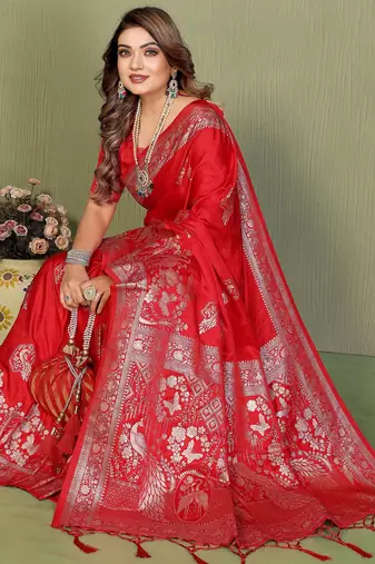Red Color Handloom Zari Woven Satin Silk Sarees 