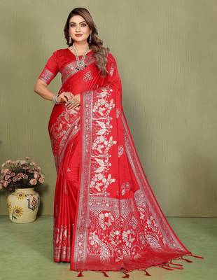 Red Color Handloom Zari Woven Satin Silk Sarees  3