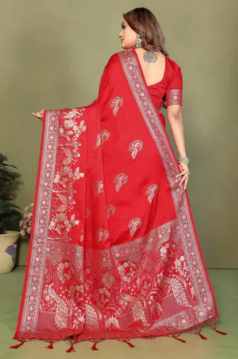 Red Color Handloom Zari Woven Satin Silk Sarees 