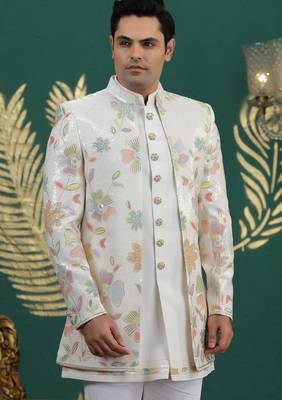 cream computer thread work on art silk 3 peice indo western set for men  4