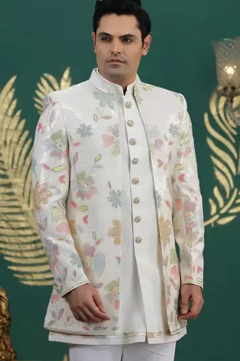 cream computer thread work on art silk 3 peice indo western set for men 