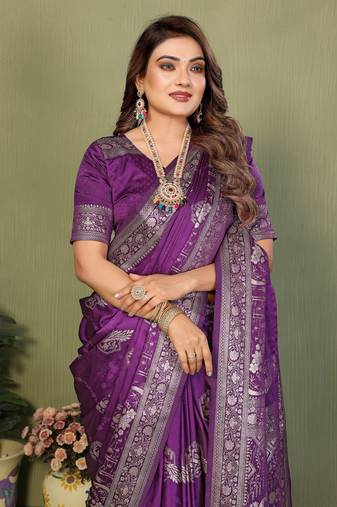 Purple Color Handloom Zari Woven Satin Silk Sarees 