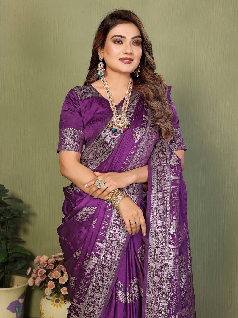 Purple Color Handloom Zari Woven Satin Silk Sarees 