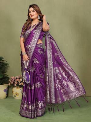 Purple Color Handloom Zari Woven Satin Silk Sarees  3
