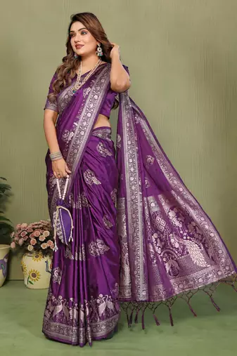 Purple Color Handloom Zari Woven Satin Silk Sarees 
