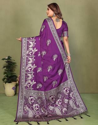 Purple Color Handloom Zari Woven Satin Silk Sarees  4