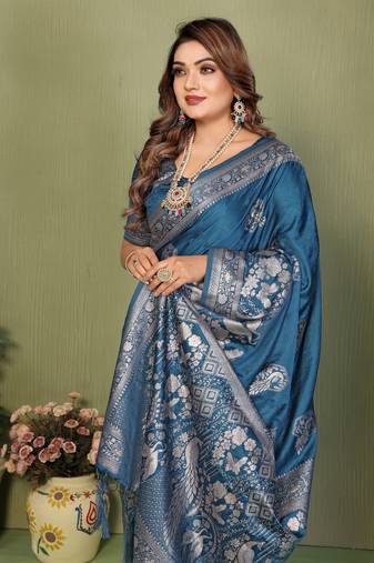 Teal Color Handloom Zari Woven Satin Silk Sarees 