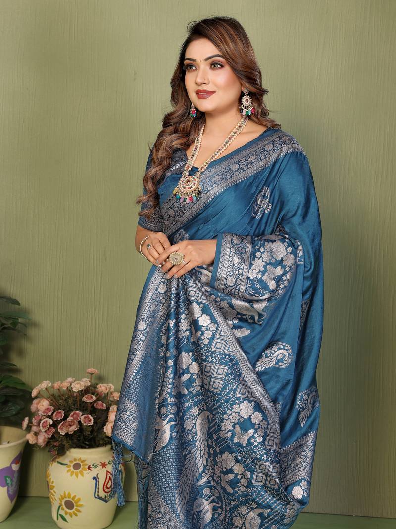 Teal Color Handloom Zari Woven Satin Silk Sarees 