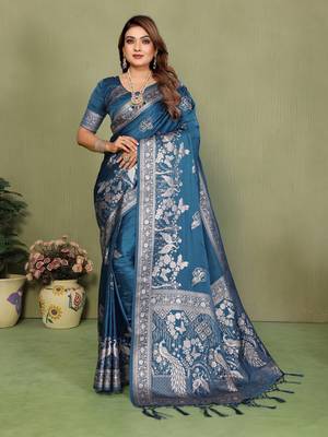 Teal Color Handloom Zari Woven Satin Silk Sarees  2