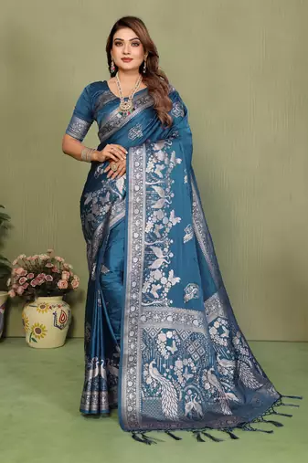 Teal Color Handloom Zari Woven Satin Silk Sarees 