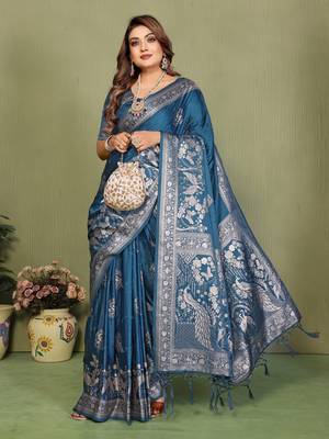 Teal Color Handloom Zari Woven Satin Silk Sarees  3