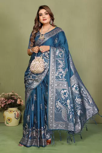Teal Color Handloom Zari Woven Satin Silk Sarees 