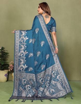 Teal Color Handloom Zari Woven Satin Silk Sarees  4