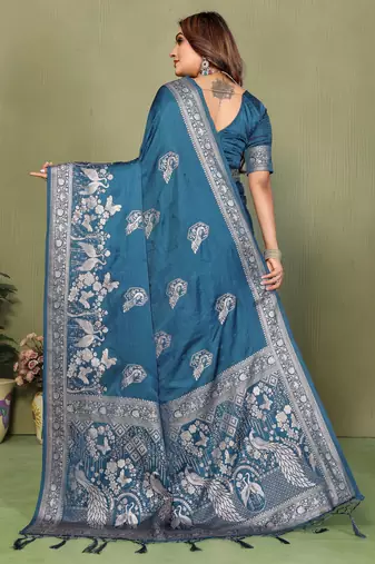Teal Color Handloom Zari Woven Satin Silk Sarees 