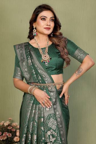 Dark Green Color Handloom Zari Woven Satin Silk Sarees 